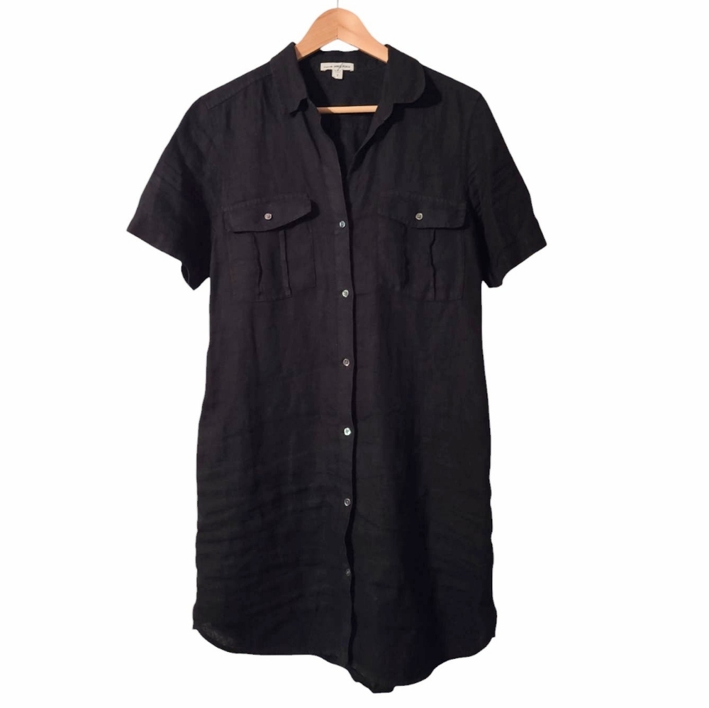 James Perse Standard Black Linen Short Sleeve Button Down Shirt Dress 2 Neutral
